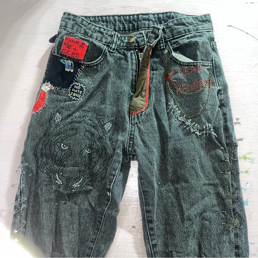 Punk’s Not Dead Grunge Jeans with Chains Embellished Patches Handmade Crust Goth - Picture 1 of 12